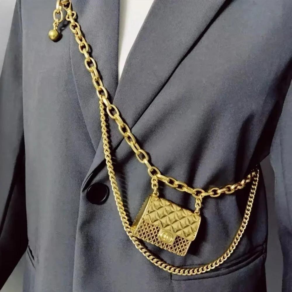 Anthropologie Fashion Tassel Silver Chain Belt with mini Bag Trendy!